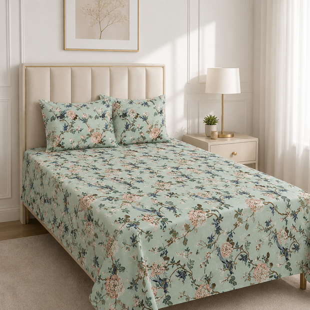 Floral Bird Garden – Single Size Bedsheet Medium (170 x 250 cm) | 100% Cotton | Includes 2 Pillow Covers