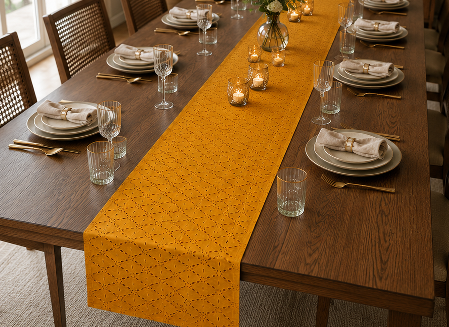 Mustard Eyelet Cotton Table Runner