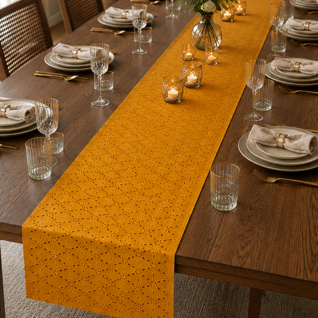 Mustard Eyelet Cotton Table Runner – 33 x 240 cm | cutwork-inspired geometric pattern