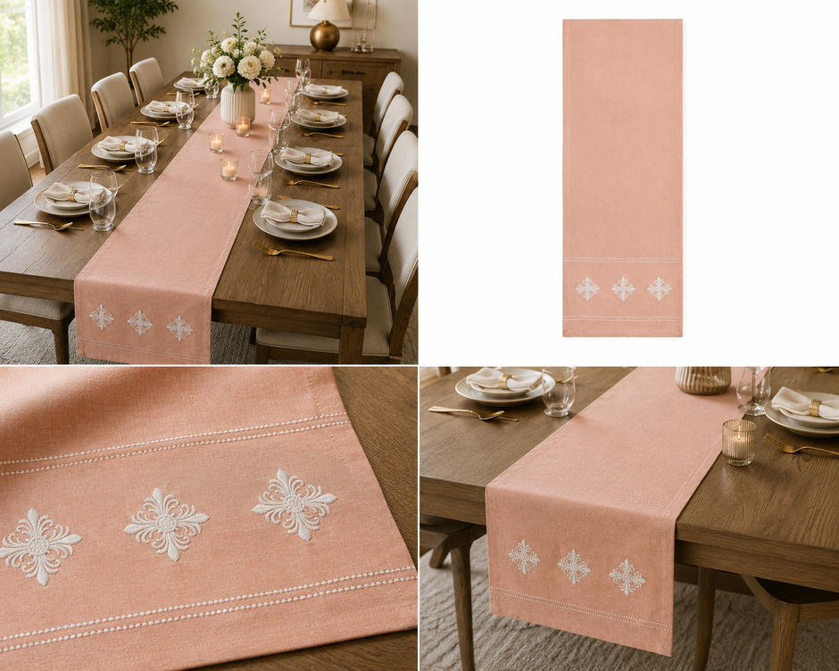 Blush Embroidered Table Runner – 33x240 cm – Soft Contemporary Elegance