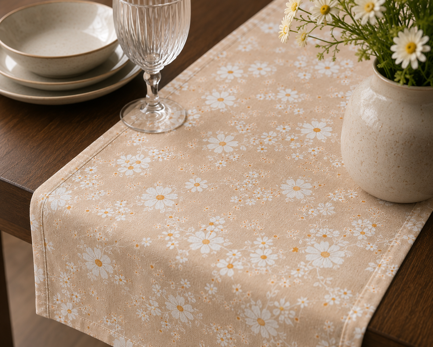 Beige Wildflower Jaipuri Cotton Table Runner –Small Size - 33x120 cm – Soft Floral Elegance