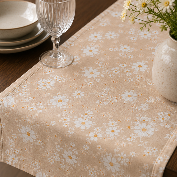 Beige Wildflower Jaipuri Cotton Table Runner –Small Size - 33x120 cm – Soft Floral Elegance