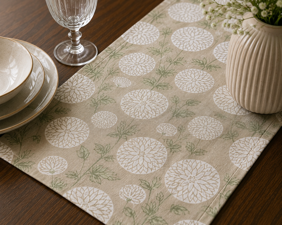 Sage Bloom Jaipuri Cotton Table Runner – Small Size - 33x120 cm – Botanical Floral Elegance