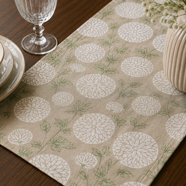 Sage Bloom Jaipuri Cotton Table Runner – Small Size - 33x120 cm – Botanical Floral Elegance