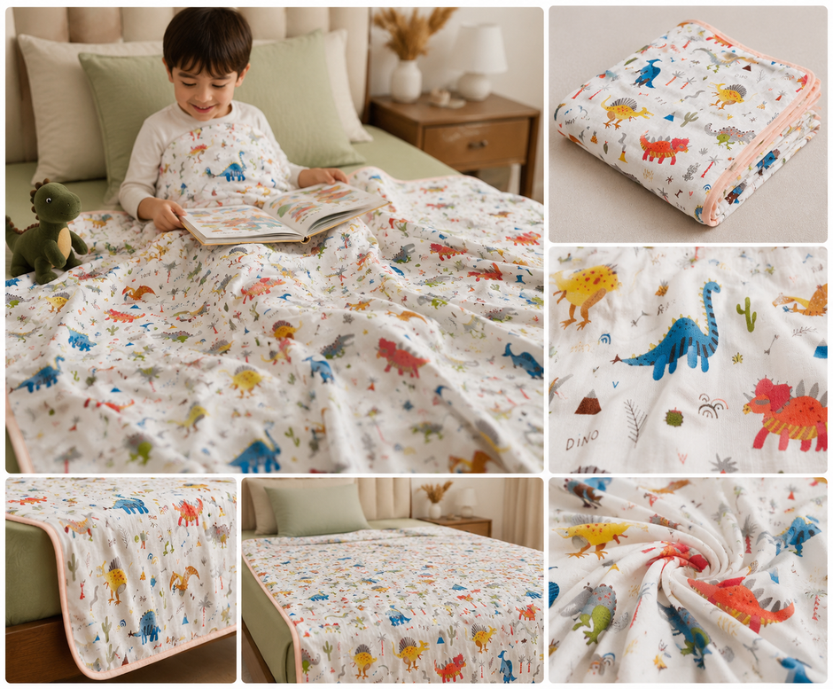 Dinosaur Adventure Muslin Cotton Dohar – Single Size (152 x 229 cm / 60 x 90 inch) | 100% Muslin Cotton | Lightweight AC Quilt