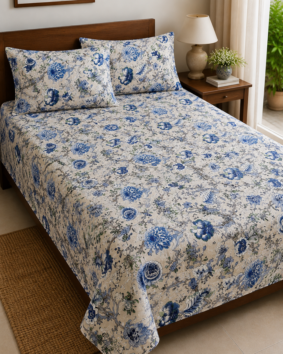 Indigo Whisper Florals – Single Size Medium Bedsheet (170 x 250 cm) | 100% Jaipuri Cotton | Includes 2 Pillow Cover