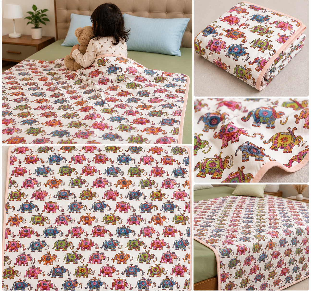 Elephant Parade Muslin Cotton Dohar – Single Size (152 x 229 cm / 60 x 90 inch) | 100% Muslin Cotton | Lightweight AC Quilt