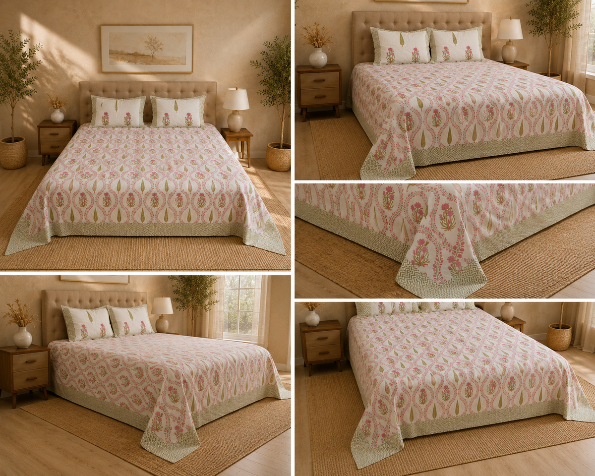 Gulnaar Bloom – Super King Size Bedsheet (274 x 274 cm) | 100% Jaipuri Cotton | Includes 2 Pillow Covers