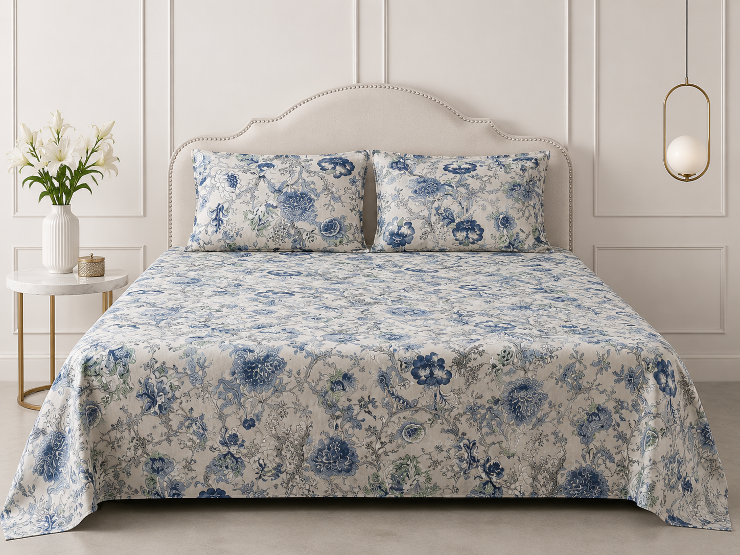Indigo Whisper Florals – Super King Size Bedsheet (274 x 274 cm) | 100% Jaipuri Cotton | Includes 2 Pillow Covers