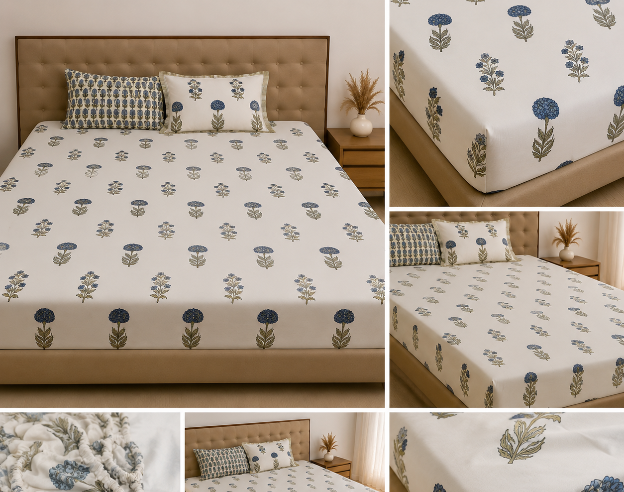 Blue Meadow Block Print – Fitted Sheet (210 x 200 + 30 cm) | 100% Percale Cotton | All Around Elastic