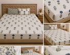 Blue Meadow Block Print – Fitted Sheet (210 x 200 + 30 cm) | 100% Percale Cotton | All Around Elastic