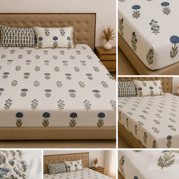 Blue Meadow Block Print – Fitted Sheet (210 x 200 + 30 cm) | 100% Percale Cotton | All Around Elastic