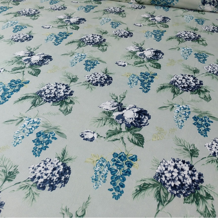 Azure Bloom Haven – Super King Size Bedsheet (274 x 274 cm) | 100% Cotton | Includes 2 Pillow Covers