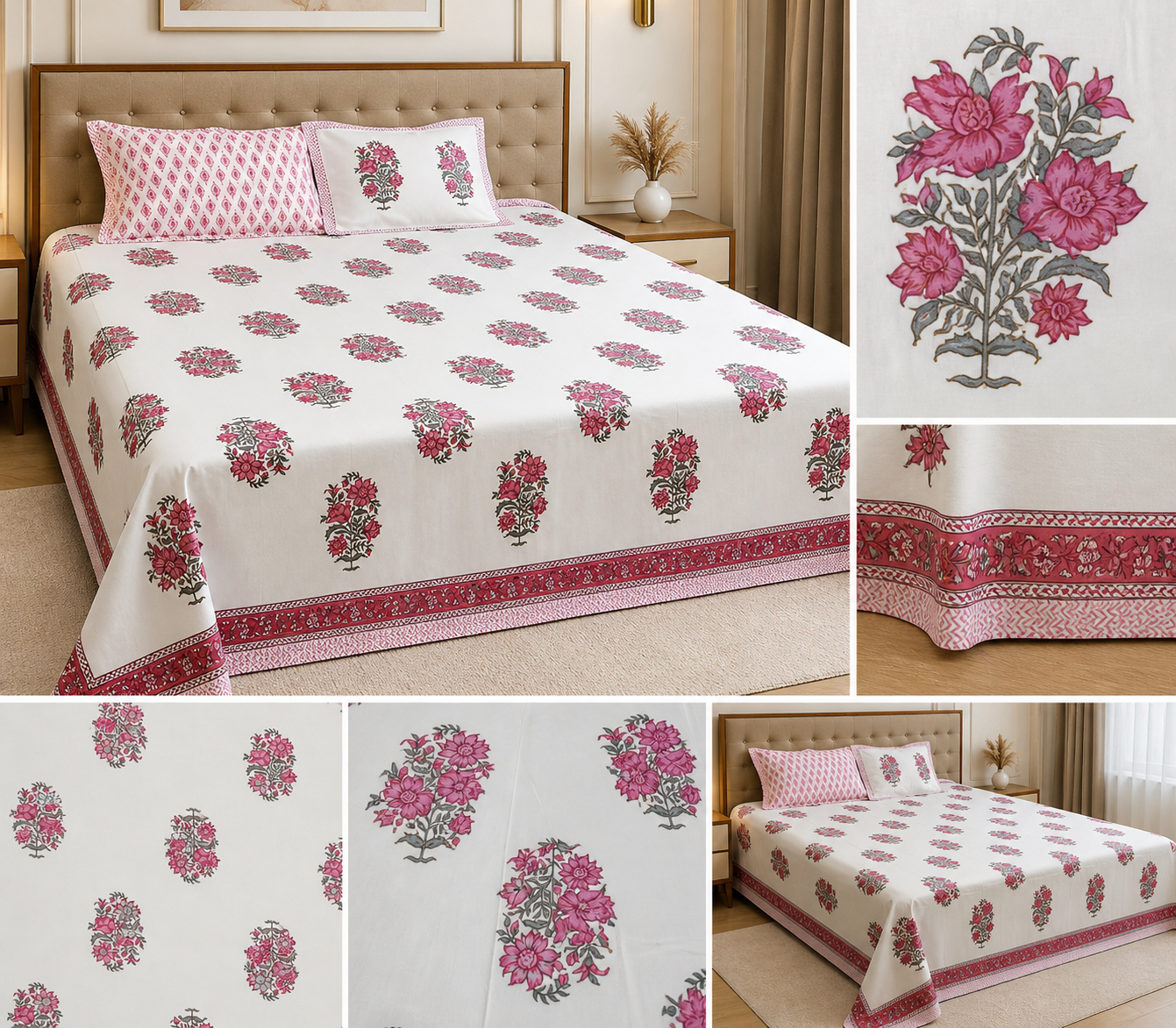 Rosette Bloom – Super King Size Bedsheet (274 x 274 cm) | 100% Percale Cotton | Includes 2 Reversible Pillow Covers