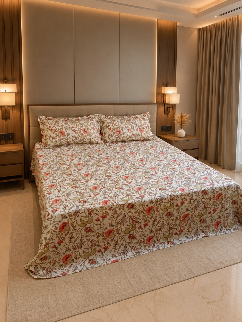 Ivory Blossom Trail – Super King Size Bedsheet (274 x 274 cm) | 100% Jaipuri Cotton | Includes 2 Pillow Covers