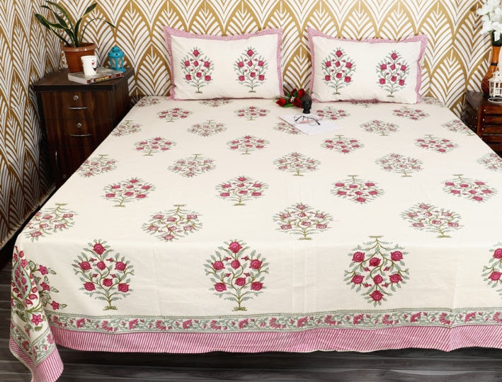 Gulbahar Rose Garden – Super King Size Bedsheet | 100% Pure Cotton | Floral Block Print Design