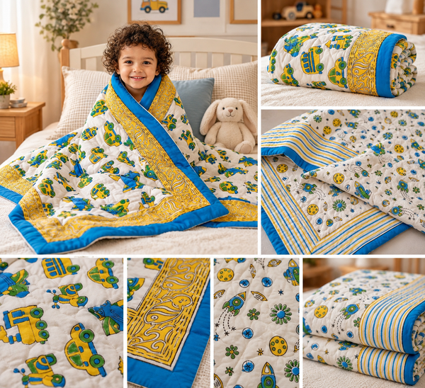Rocket Ride Reversible Kids Razai Blanket – Single Size