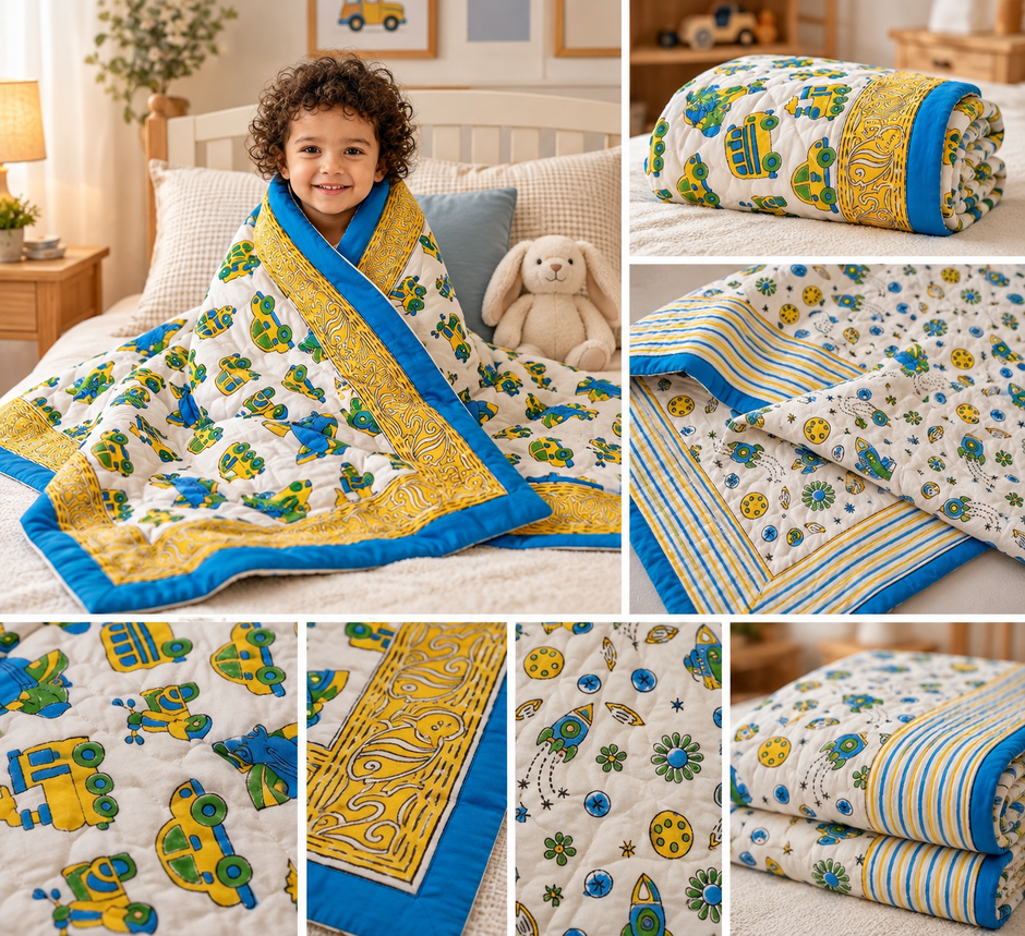 Rocket Ride Reversible Kids Razai Blanket – Single Size | 2-Sided Kids Razai | 55 × 85 Inches | 1 Piece | Dry Clean Only