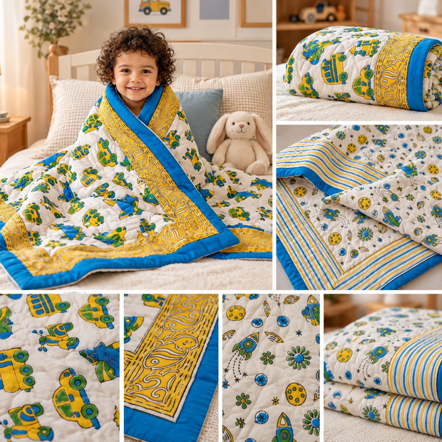 Rocket Ride Reversible Kids Razai Blanket – Single Size | 2-Sided Kids Razai | 55 × 85 Inches | 1 Piece | Dry Clean Only