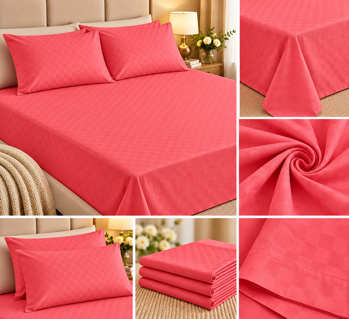 Hot Coral Mosaic Luxe – Super King Size Bedsheet (274 × 274 cm) | 400 TC Tencel Cotton | Includes 2 Pillow Covers
