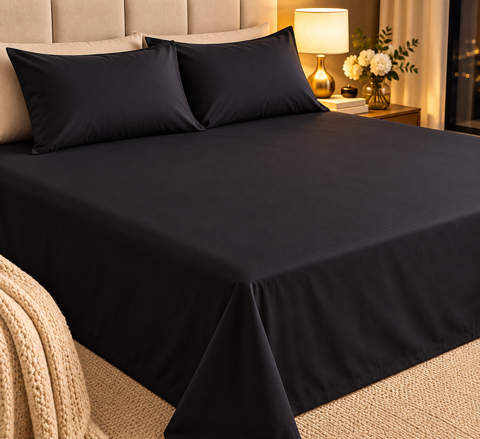 Midnight Noir Black Luxe – Super King Size Bedsheet (274 × 274 cm) | 400 TC Tencel Cotton | Includes 2 Pillow Covers