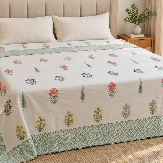 Botanical Block Print Muslin Dohar – Standard King Size (229 x 259 cm / 90 x 102 inches) | Muslin Cotton | Lightweight All-Season Comfort