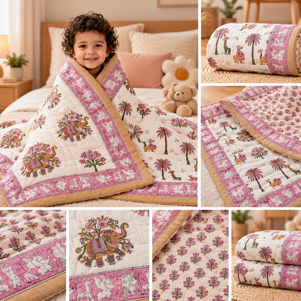 Gulmohar Safari – Reversible Kids Razai Blanket | Single Size (55 × 85 inches / 140 × 216 cm) | Cotton | 1 Piece