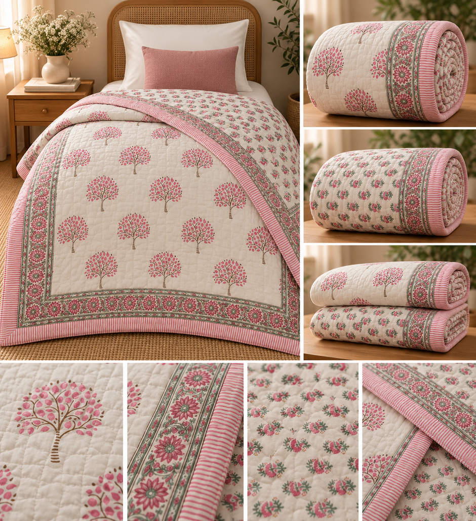 Gulabi Bagh – Single Size Floral Cotton Razai | Hand-Quilted | Reversible Floral Print | 1 Piece