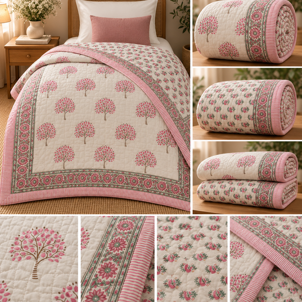 Gulabi Bagh – Single Size Floral Cotton Razai | Hand-Quilted | Reversible Floral Print | 1 Piece