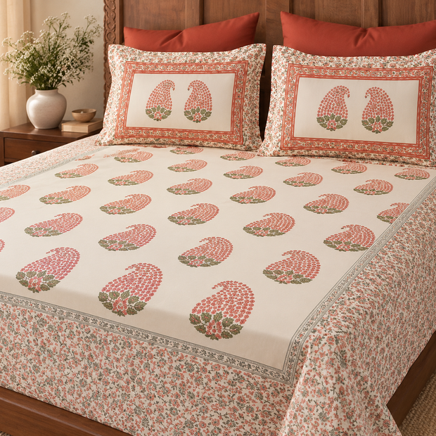 Coral Blossom Heritage – Super King Size Fitted Bedsheet (210 × 200 cm) | Cotton | 30 cm Depth | Includes 2 Pillow Covers