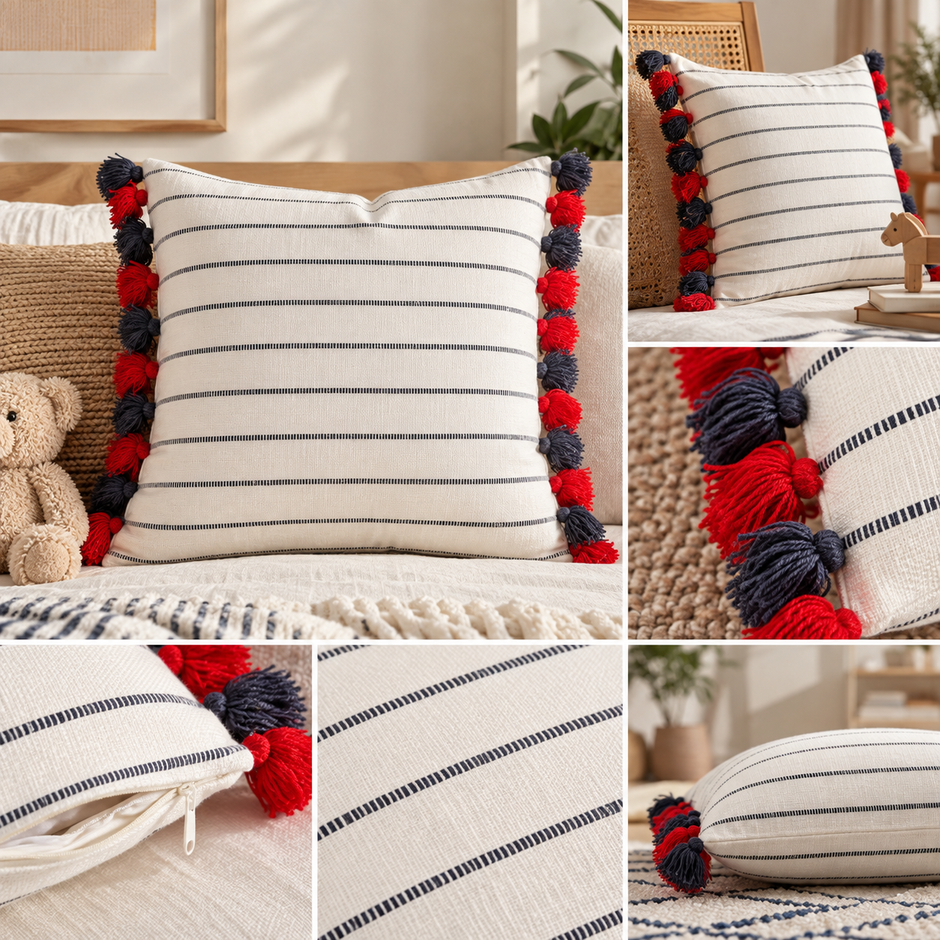 Jaipuri Rangrekha Tassel Cushion Cover – 45 × 45 cm | Textured Cotton | Navy & Red Striped Design with Tassel | 1 Piece