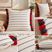 Jaipuri Rangrekha Tassel Cushion Cover – 45 × 45 cm | Textured Cotton | Navy & Red Striped Design with Tassel | 1 Piece