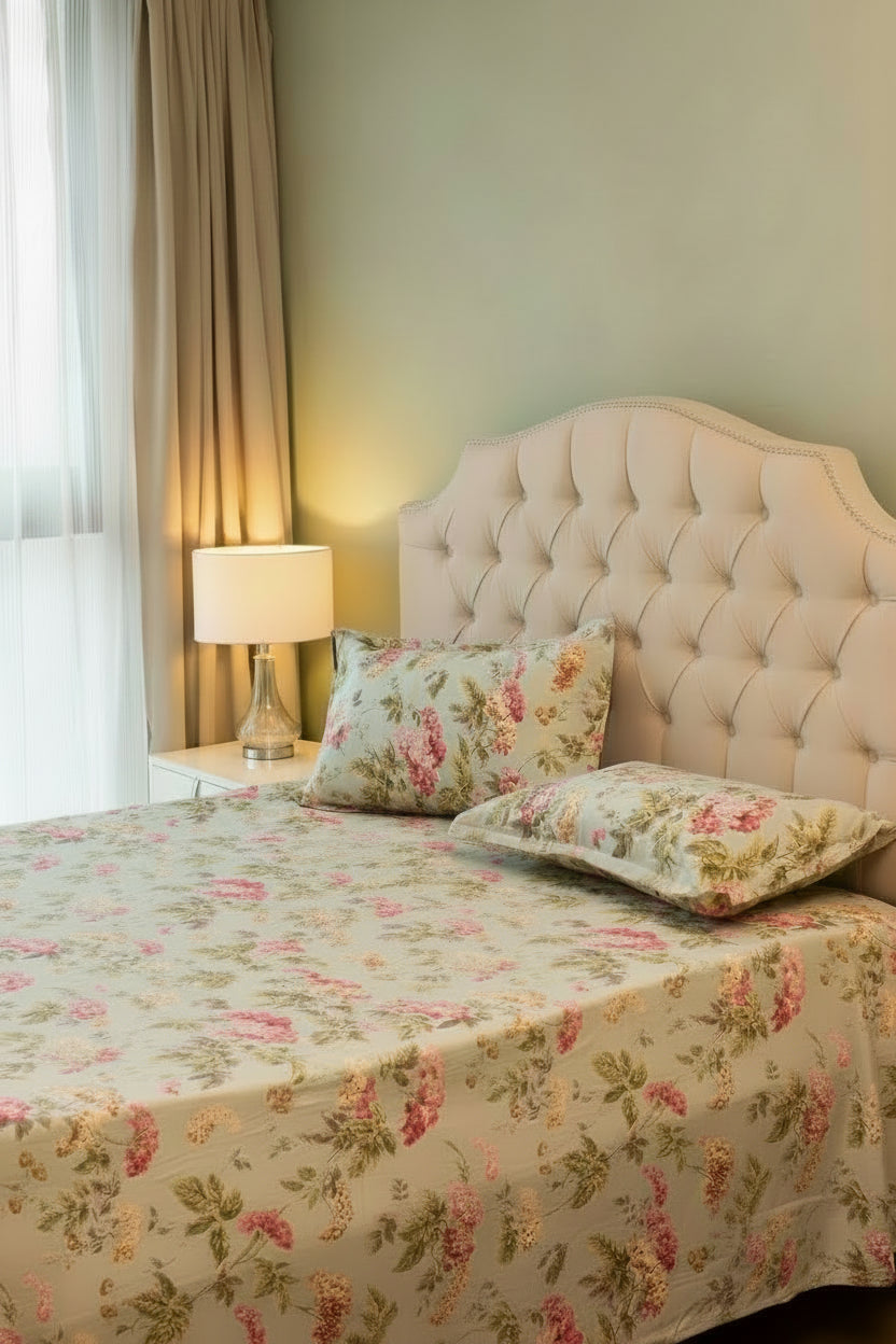 Blush Garden Bloom – Queen Size Bedsheet (260 x 230 cm) | 100% Jaipuri Cotton | Includes 2 Pillow Covers