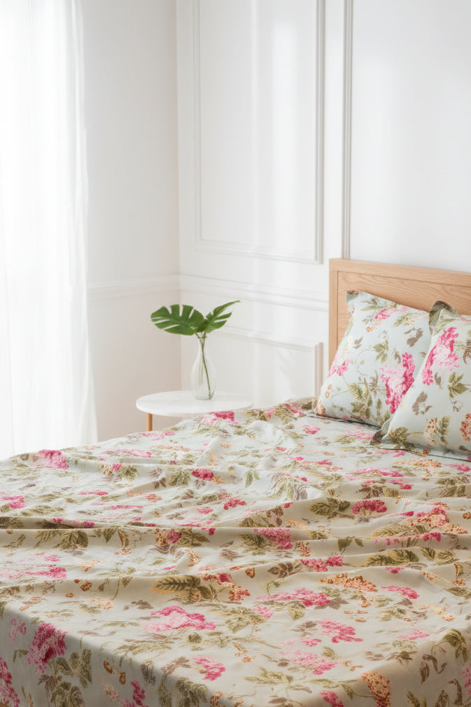 Blush Garden Bloom – Queen Size Bedsheet (260 x 230 cm) | 100% Jaipuri Cotton | Includes 2 Pillow Covers
