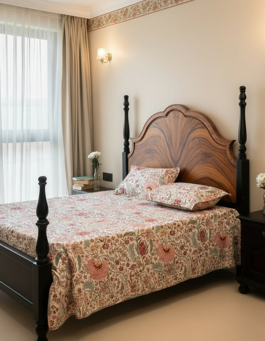 Pink Bloom – Super King Size Bedsheet (274 x 274 cm) | 100% Jaipuri Cotton | Includes 2 Pillow Covers