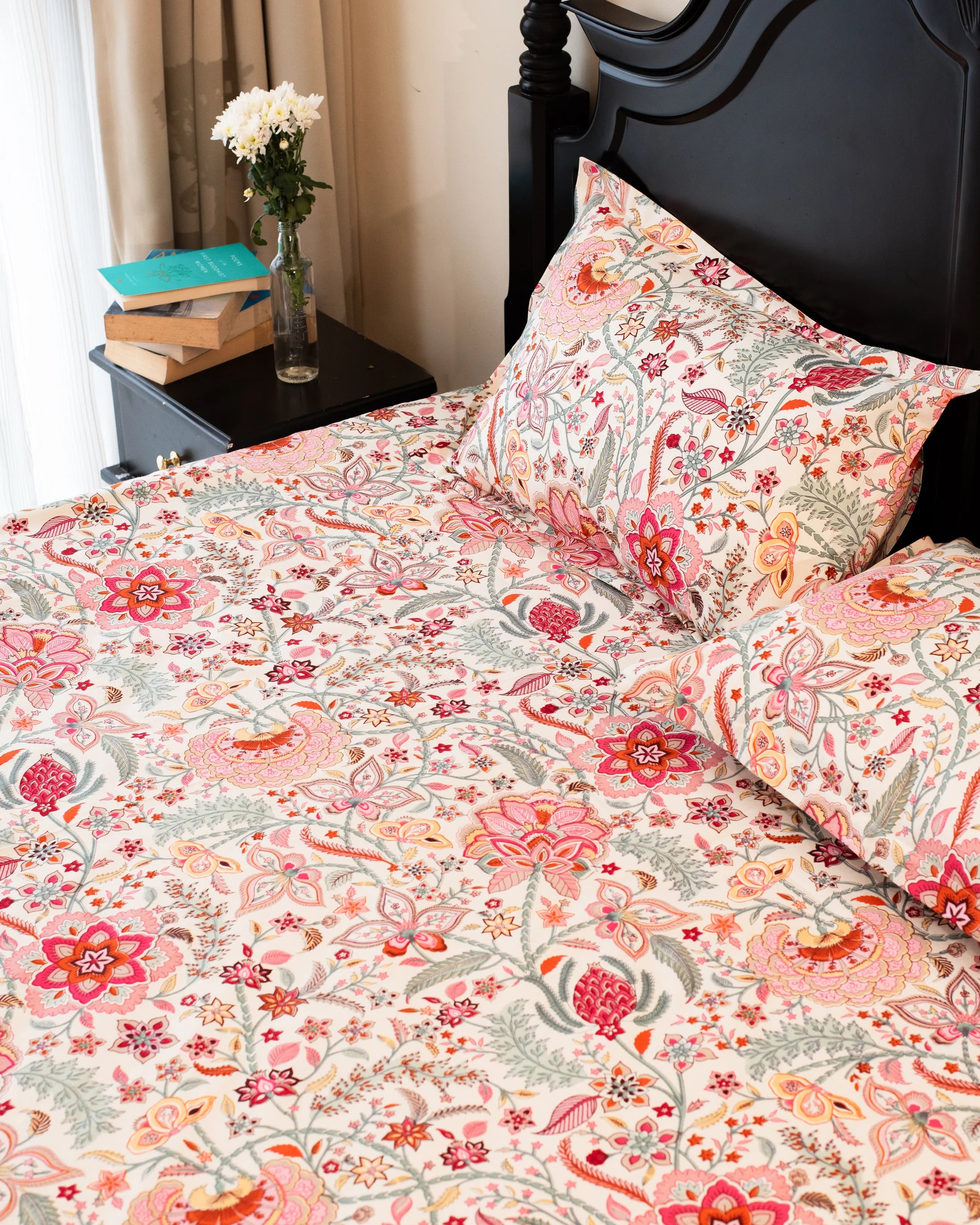 Pink Bloom – Super King Size Bedsheet (274 x 274 cm) | 100% Jaipuri Cotton | Includes 2 Pillow Covers