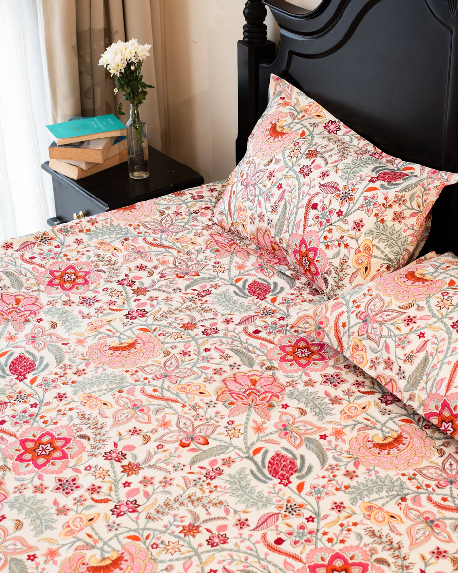 Pink Bloom – Super King Size Bedsheet (274 x 274 cm) | 100% Jaipuri Cotton | Includes 2 Pillow Covers