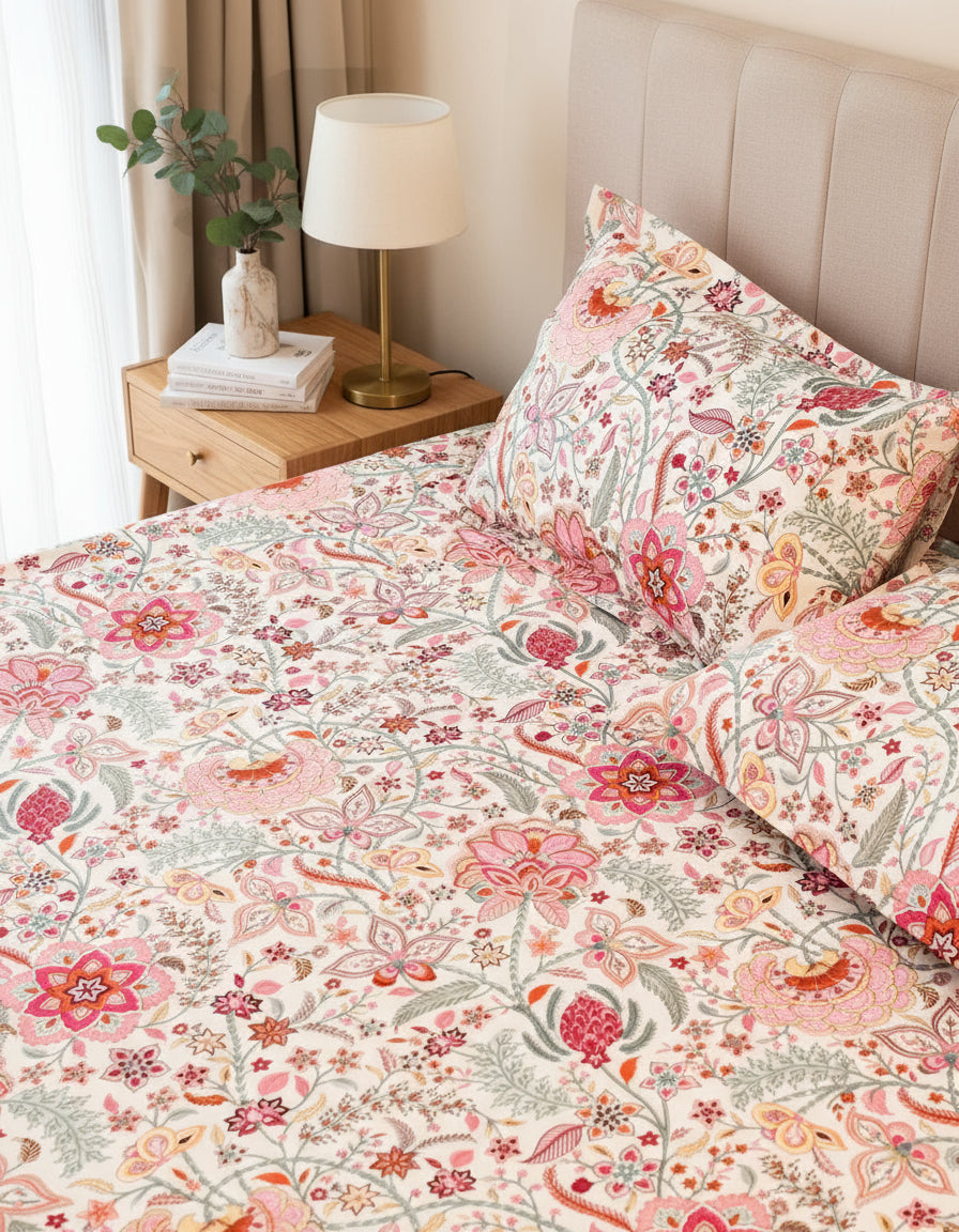 Pink Bloom – Super King Size Bedsheet (274 x 274 cm) | 100% Jaipuri Cotton | Includes 2 Pillow Covers