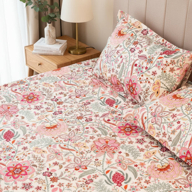 Pink Bloom – Super King Size Bedsheet (274 x 274 cm) | 100% Jaipuri Cotton | Includes 2 Pillow Covers