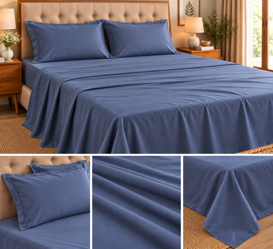 Midnight Slate Blue Solid – Super King Size Bedsheet (274 x 274 cm) | 100% Tencel Cotton | 400 TC Solid Color | Includes 2 Pillow Covers