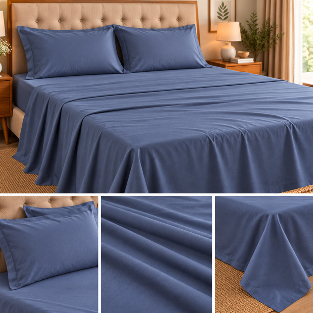 Midnight Slate Blue Solid – Super King Size Bedsheet (274 x 274 cm) | 100% Tencel Cotton | 400 TC Solid Color | Includes 2 Pillow Covers