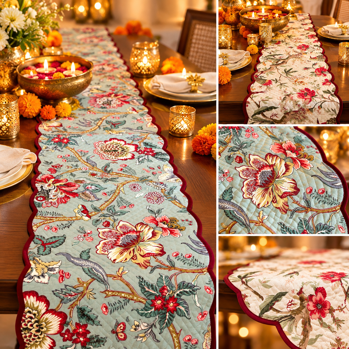 Floral Elegance Reversible Quilted Cotton Table Runner – 16 × 72 Inches | 35 × 180 cm | 1 Piece | Medium Size