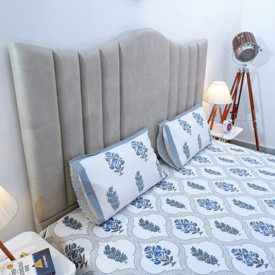 Indigo Lattice Bloom Block Print – Super King Size Bedsheet (274 x 274 cm) | 100% Jaipuri Cotton | Includes 2 Pillow Covers