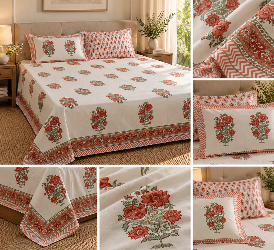 Rust Blossom Heritage Block Printed Percale Cotton Bedsheet