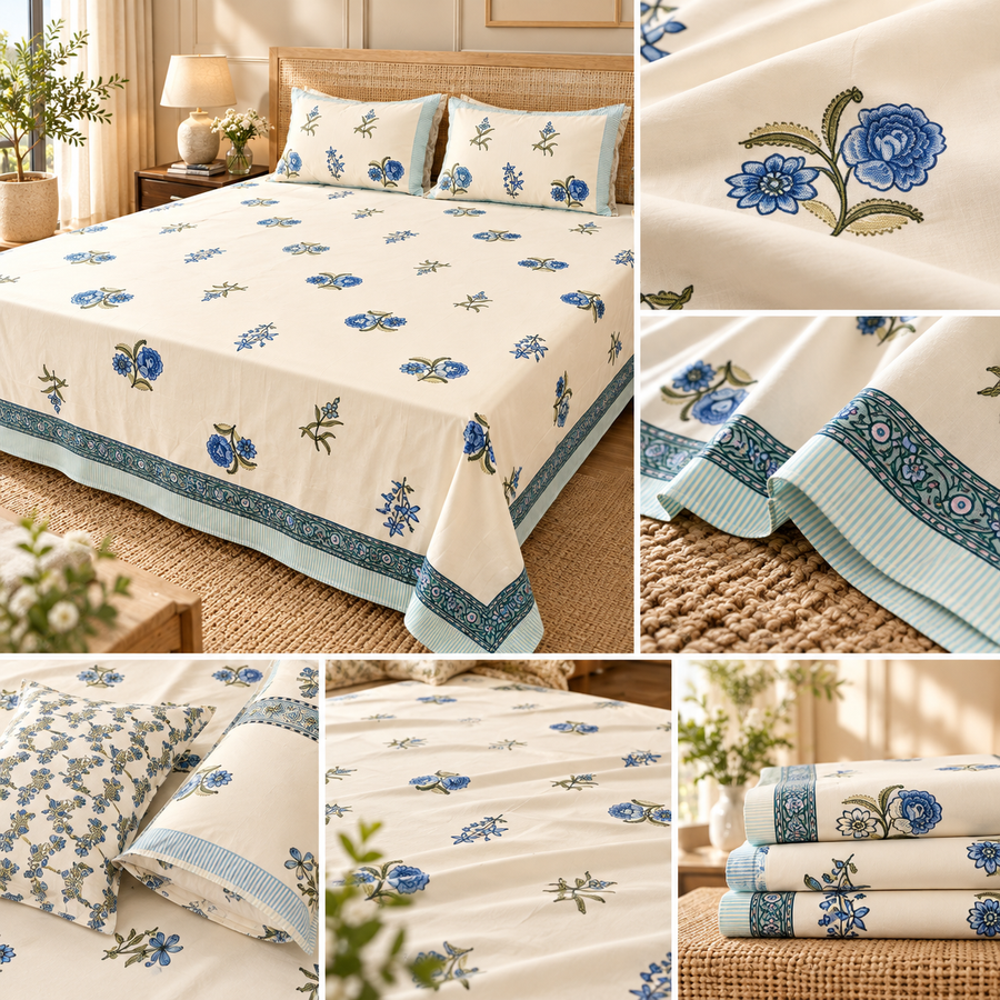 Ivory Blue Floral Elegance