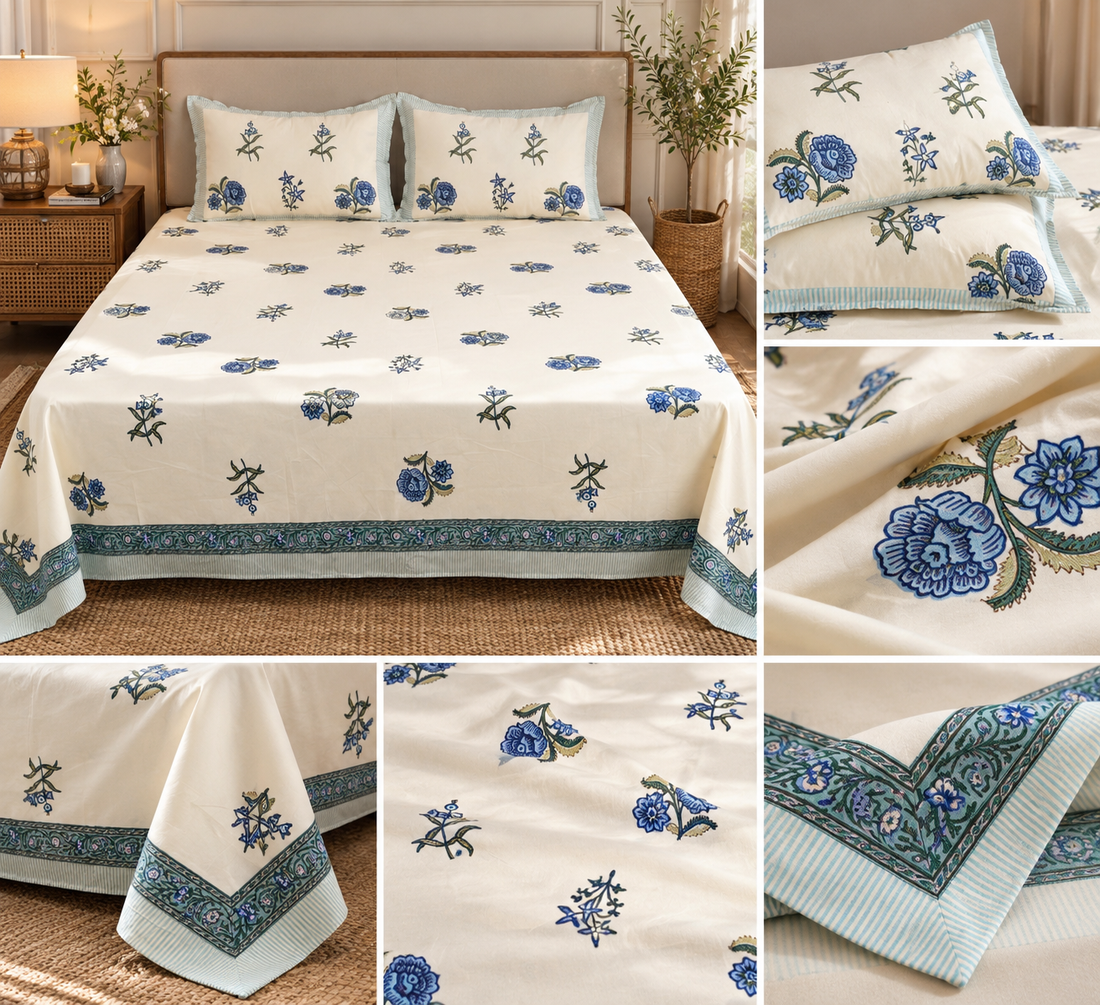 Ivory Blue Gulmohar – Super King Size Bedsheet (270 × 270 cm)