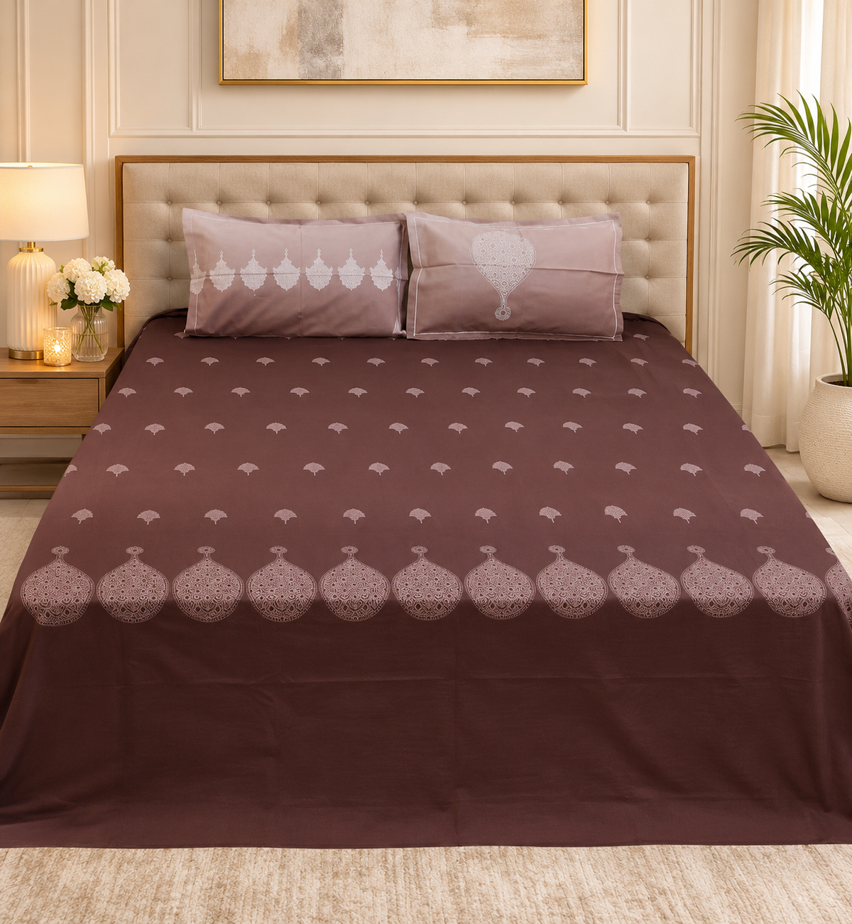 Chocolate Jaipuri Elegance – Super King Size Bedsheet (270 × 270 cm) | 100% Jaipuri Cotton | Includes 2 Reversible Pillow Covers