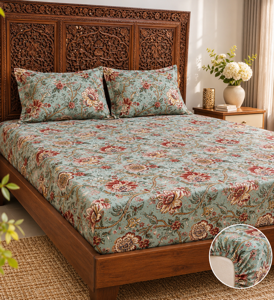 Olive Anokhi Meadow Charm – Super King Fitted Bedsheet (210 × 200 cm) | Jaipuri Cotton | 30 cm Pocket Depth | Includes 2 Pillow Covers