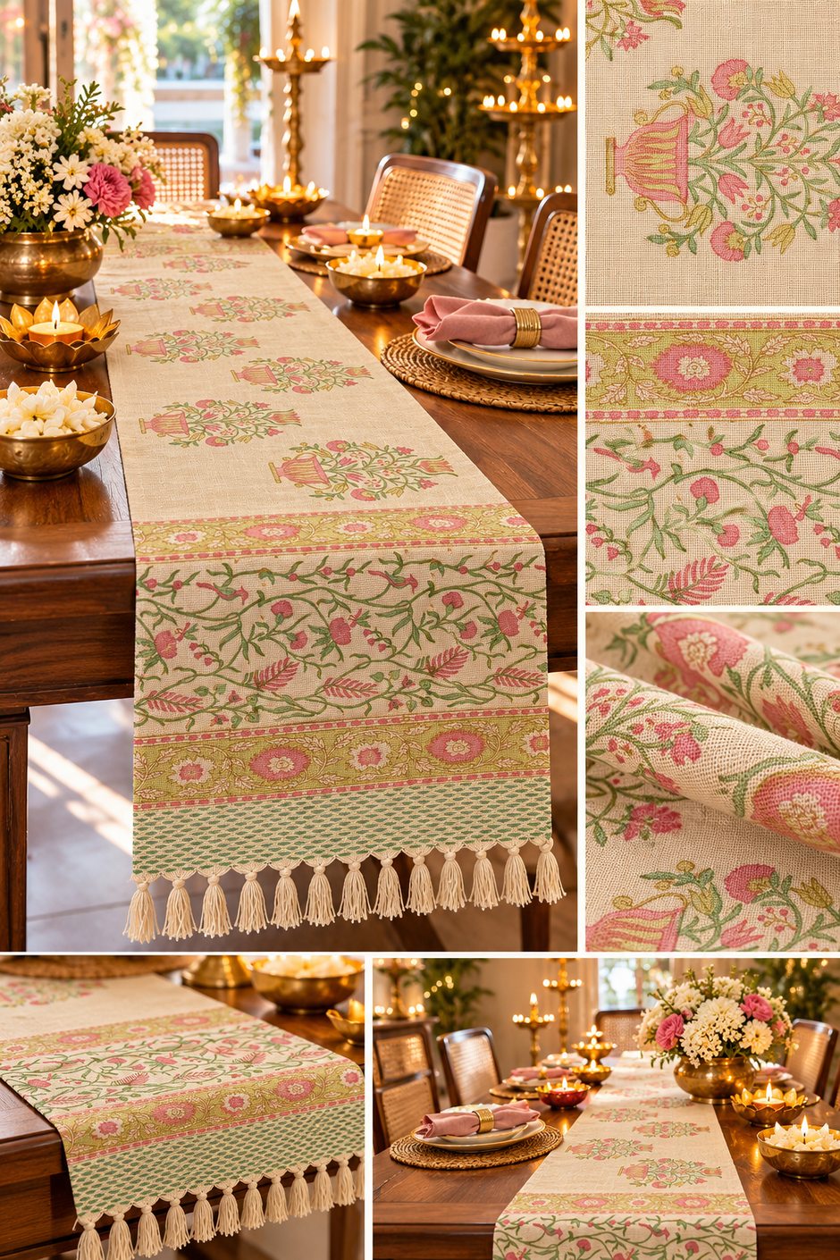 Gulabi Bagh Bagru Hand Block Printed Jute Table Runner – Natural Beige | Floral Heritage Design | 1 Piece 185 × 35 cm