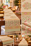 Gulabi Bagh Bagru Hand Block Printed Jute Table Runner – Natural Beige | Floral Heritage Design | 1 Piece 185 × 35 cm